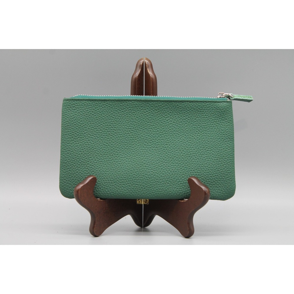 Green Pebbled Leather Zip Pouch Clutch Artisan Minimalist 7.5" x 4.5"